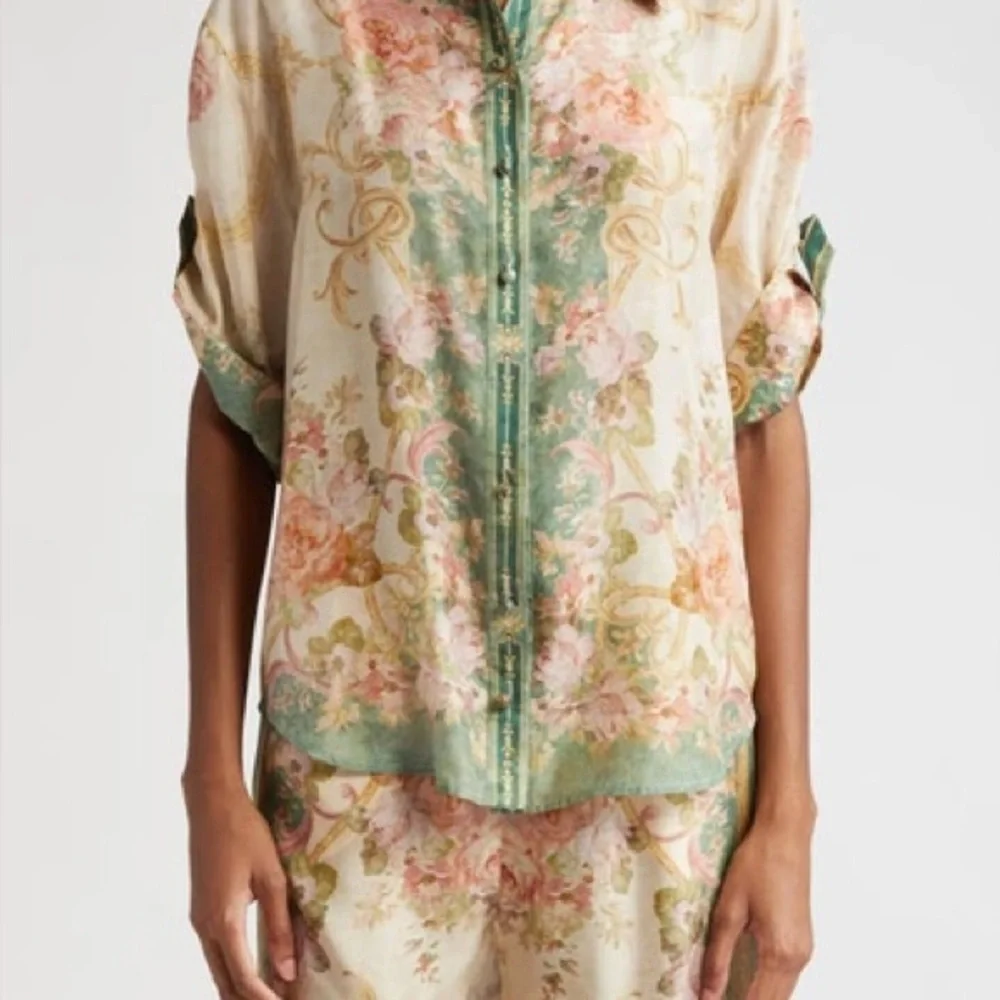 Zimmermann August Floral Silk Shirt Sleeve Shirt in Khaki Floral AU 3 - Picture 2 of 9